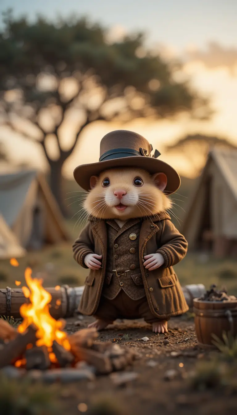 Hamster Explorer Dressed As Victorian Hunter At Savannah Camp