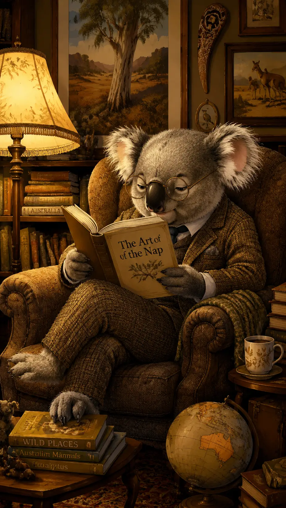 Koala-ähnlicher Mann liest in einem gemütlichen Sessel im Arbeitszimmer