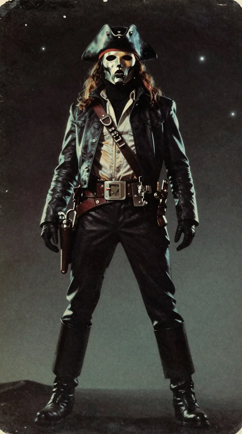 Masked space warlord in retro airbrushed silhouette