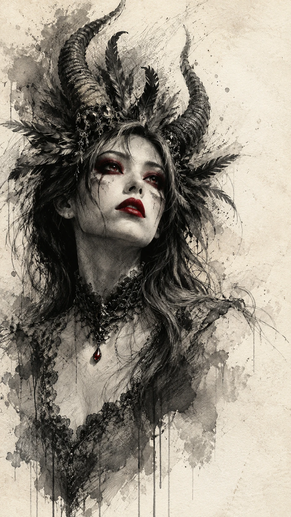 Dessin à l’encre monochrome avec texture hachurée et accent carmin