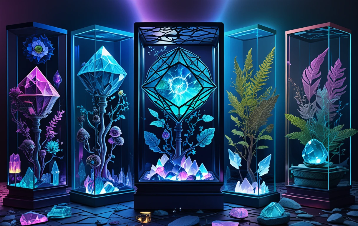 Reliques de cristal exposées dans une vitrine en verre néon ornée