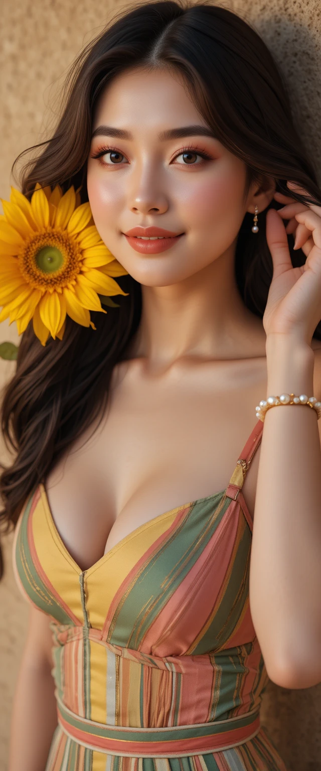 Mulher asiática com girassol em retrato de moda estiloso