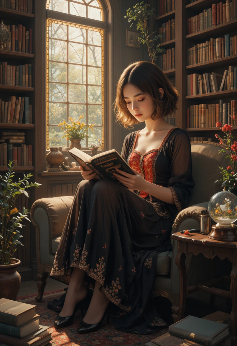 Mulher lendo em uma aconchegante biblioteca vintage banhada pelo sol