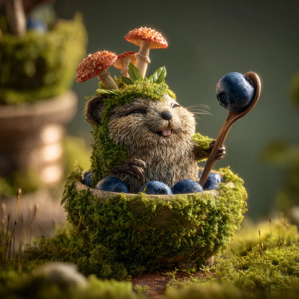 Giggling moss marmot sitting inside a steamed dumpling