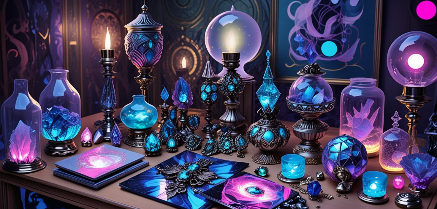 Esposizione di cristalli fantasy su un tavolo in una mistica bottega di alchimia