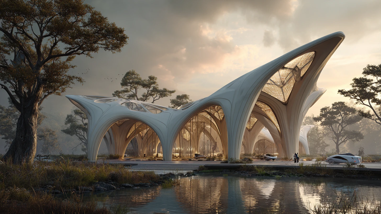 Megastruttura organica futuristica in un rigoglioso paesaggio botanico
