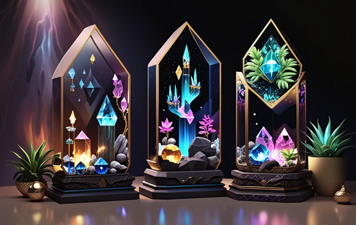 Vitrine de relique en cristal avec éclairage néon rose et bleu