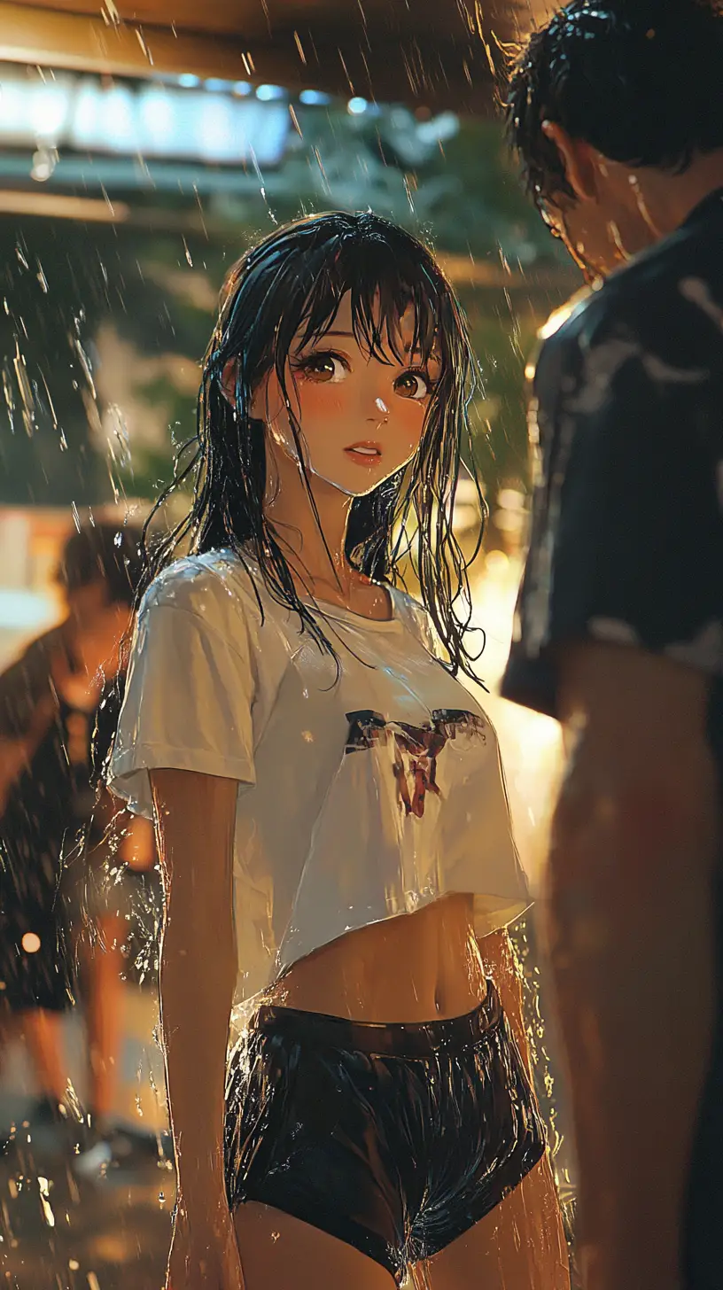 Ragazza anime gioiosa che balla nella calda pioggia di una notte d’estate