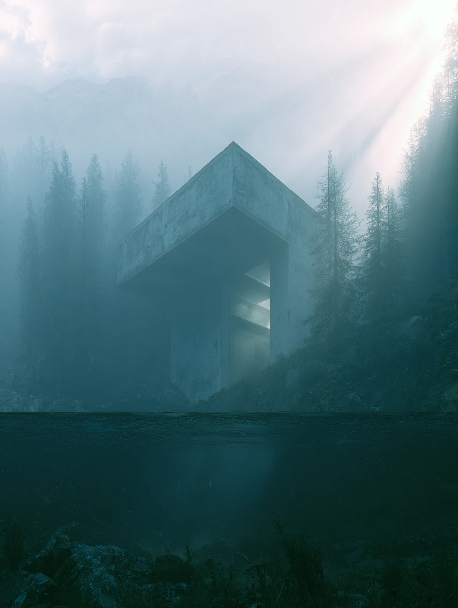 Foggy concrete architecture above a misty mountain forest