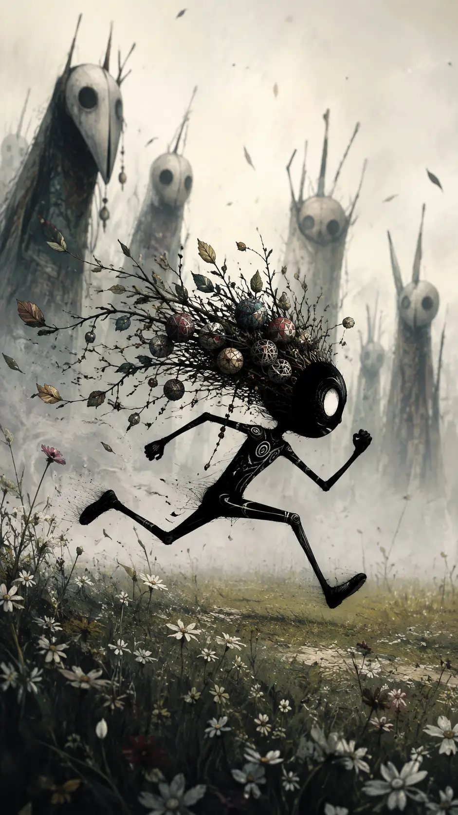 Whimsical stick figure sprinting through a foggy meadow
