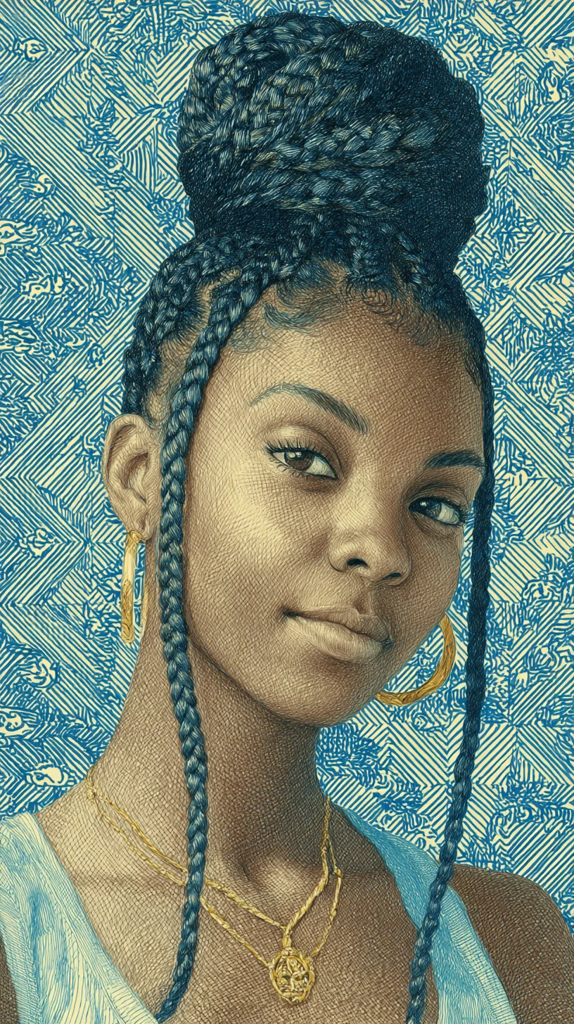 Retrato de una mujer negra con trenzas en estilo lápiz de color