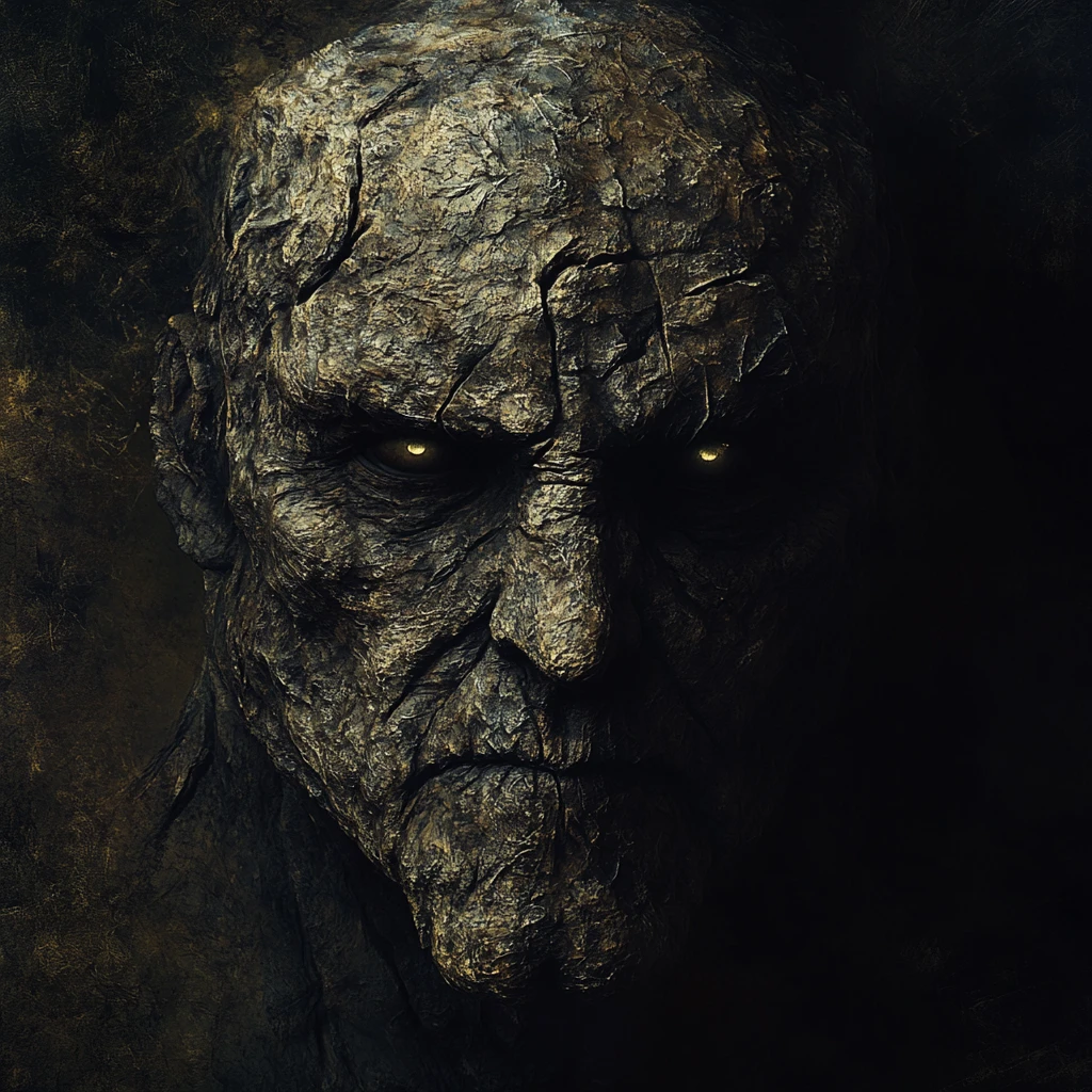 Golem expressionista com olhos vazios em tons terrosos escuros