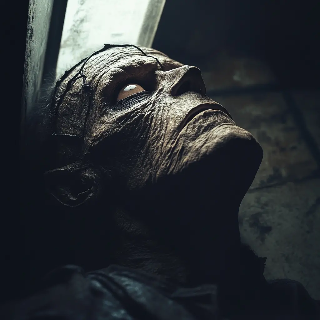 Bewildered monster awakening in a gothic laboratory close up