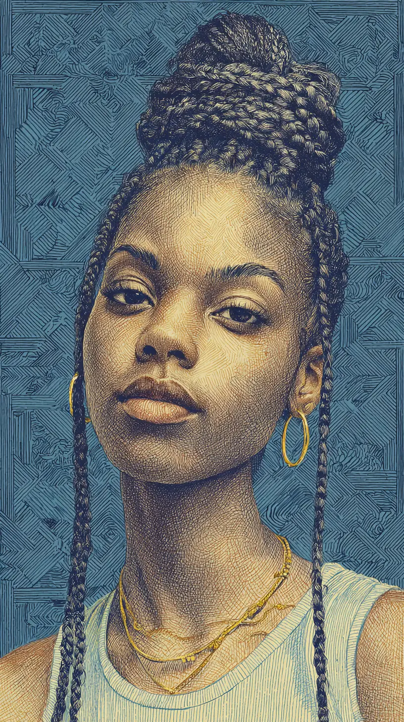 Colored pencil portrait of a braided haired young Black woman
