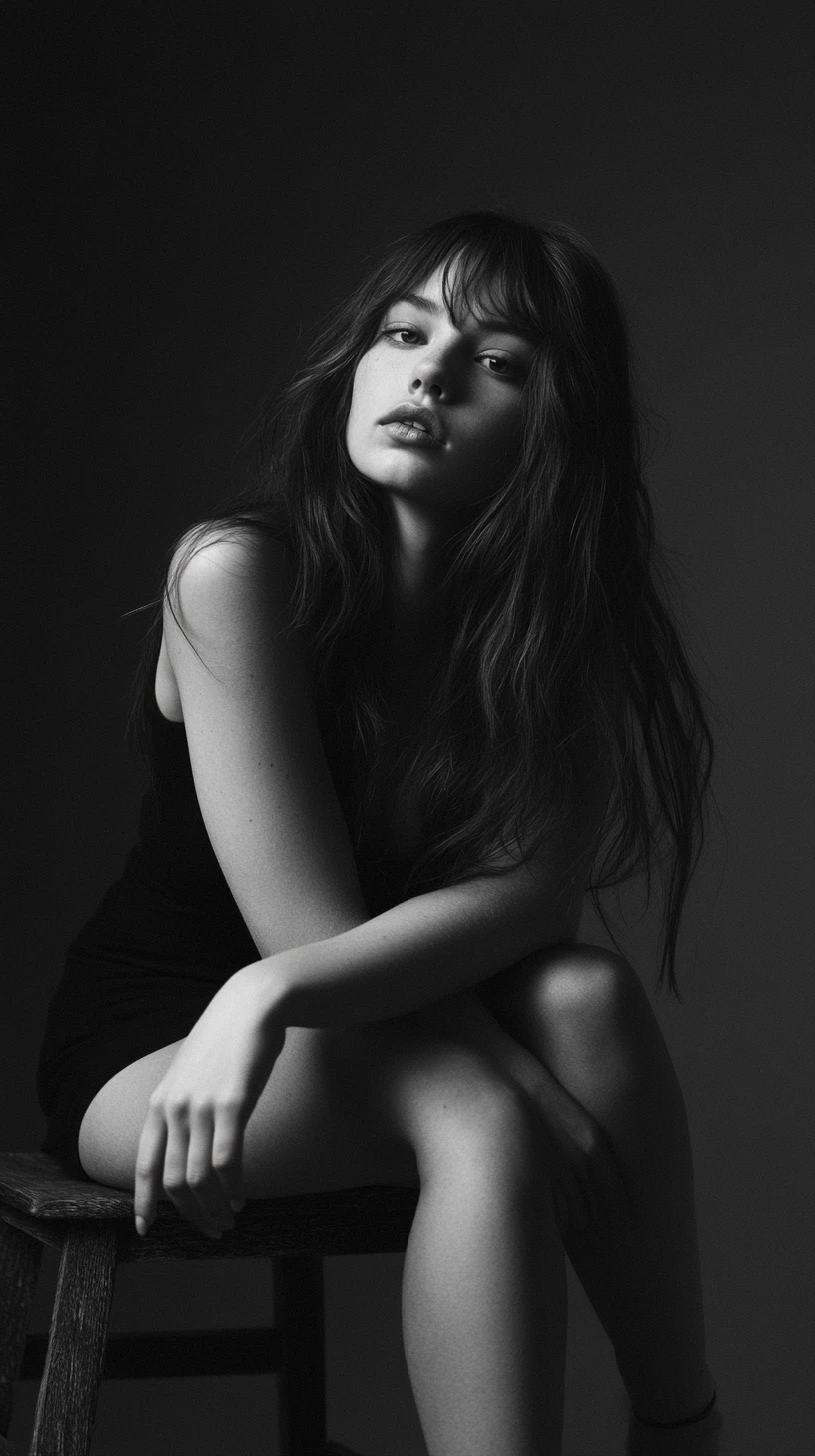 Ritratto in studio in bianco e nero di donna su sgabello di legno