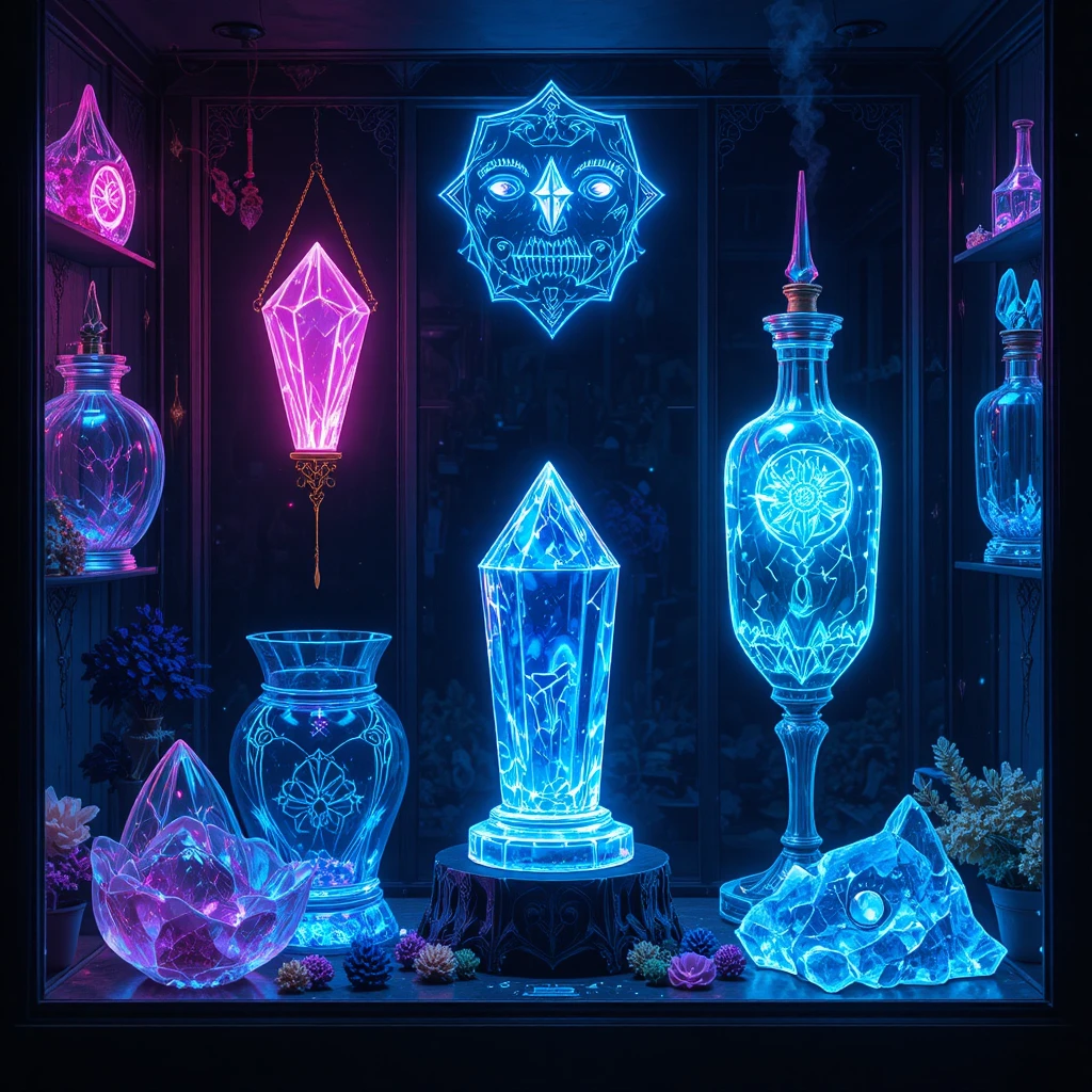 Reliques de cristal exposées dans des vitrines en verre en line art néon