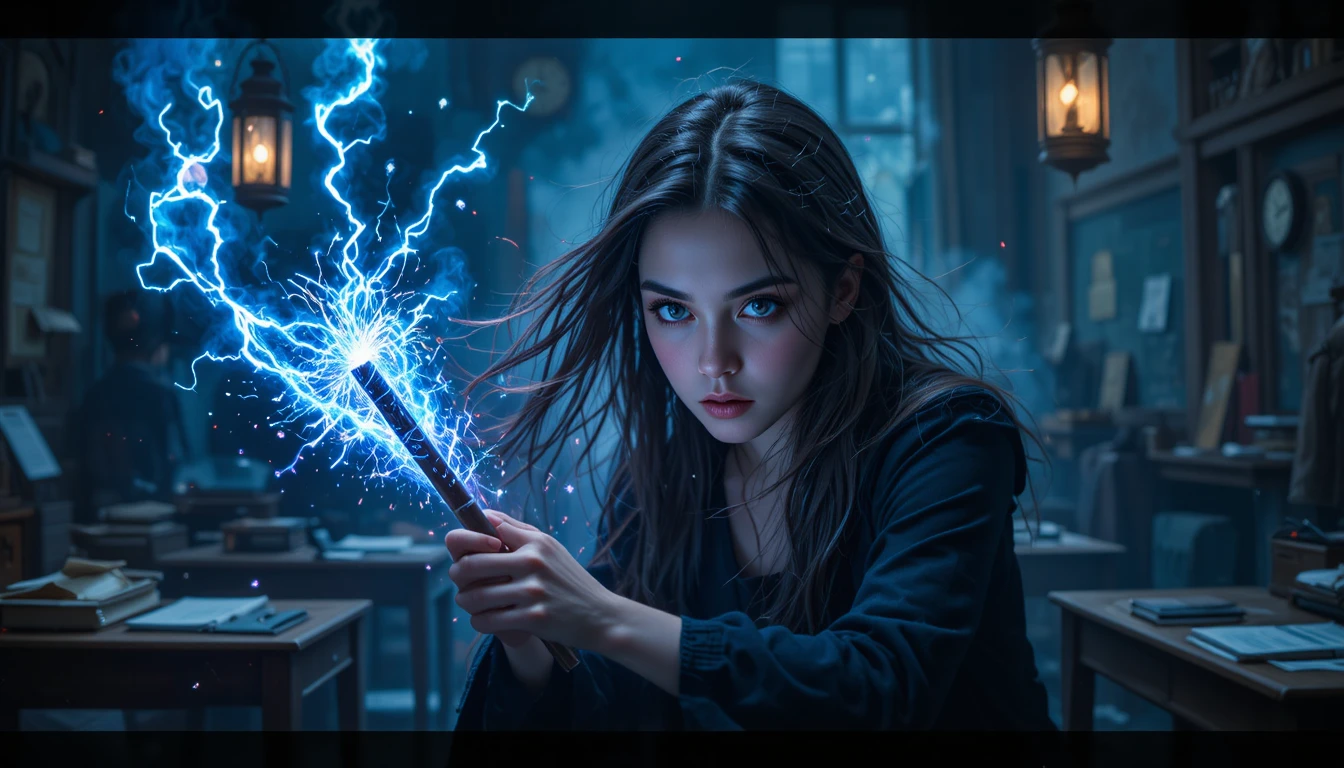 Young witch overwhelmed by chaotic storm in classroom
