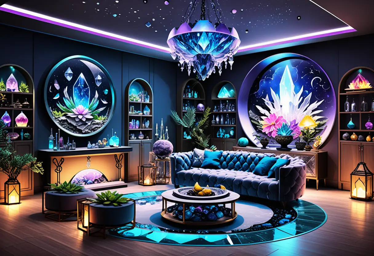 Mystical crystal lounge with neon zodiac and wet bar