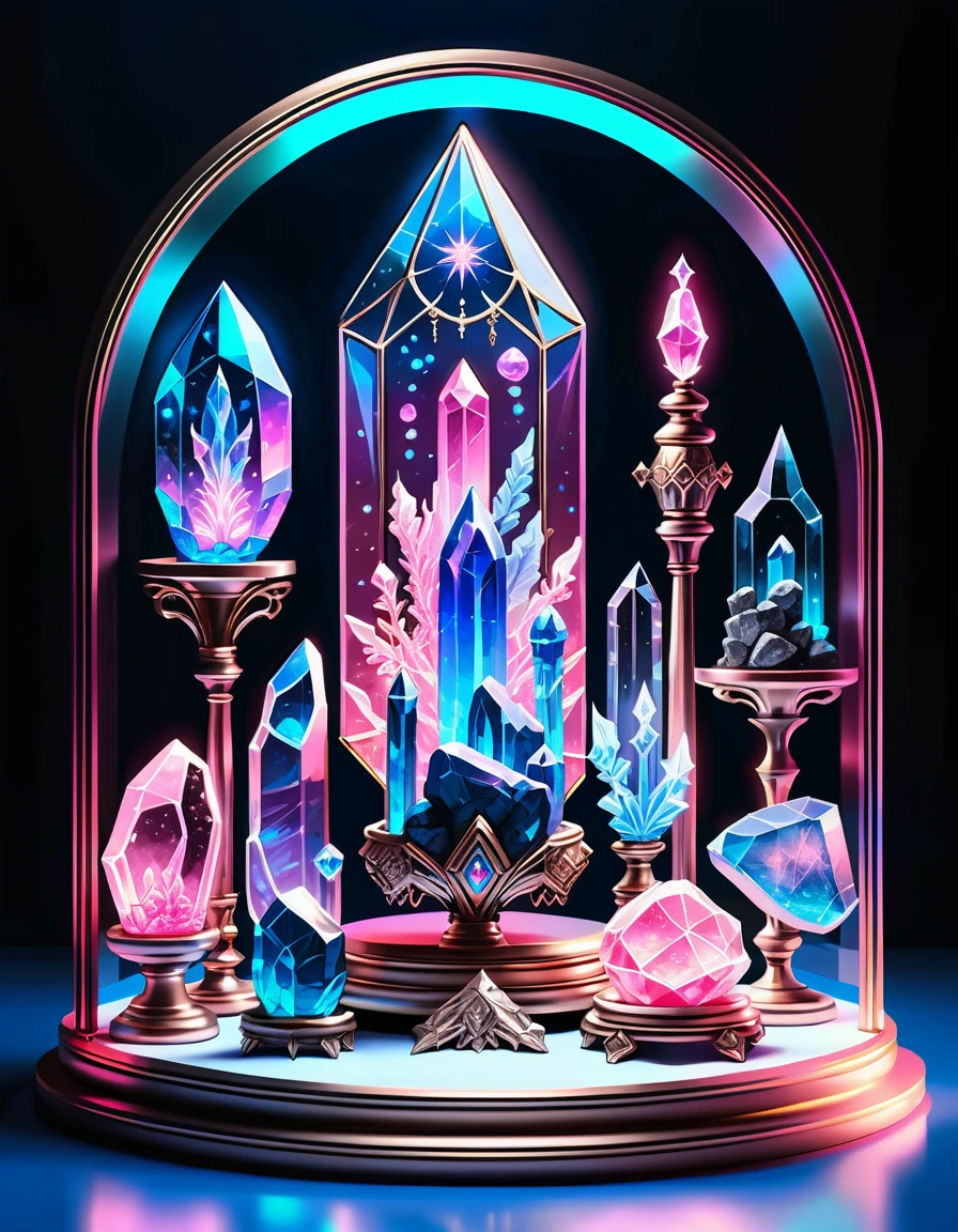 Reliquie di cristallo in vetrina di vetro decorata con line art al neon
