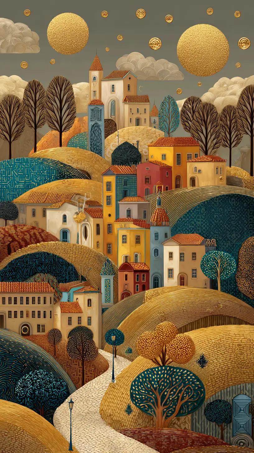 Dreamy Folk Art Hillside Village With Winding Path