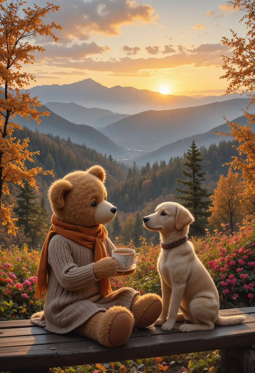 Teddy bear with hot chocolate at sunrise in mountains