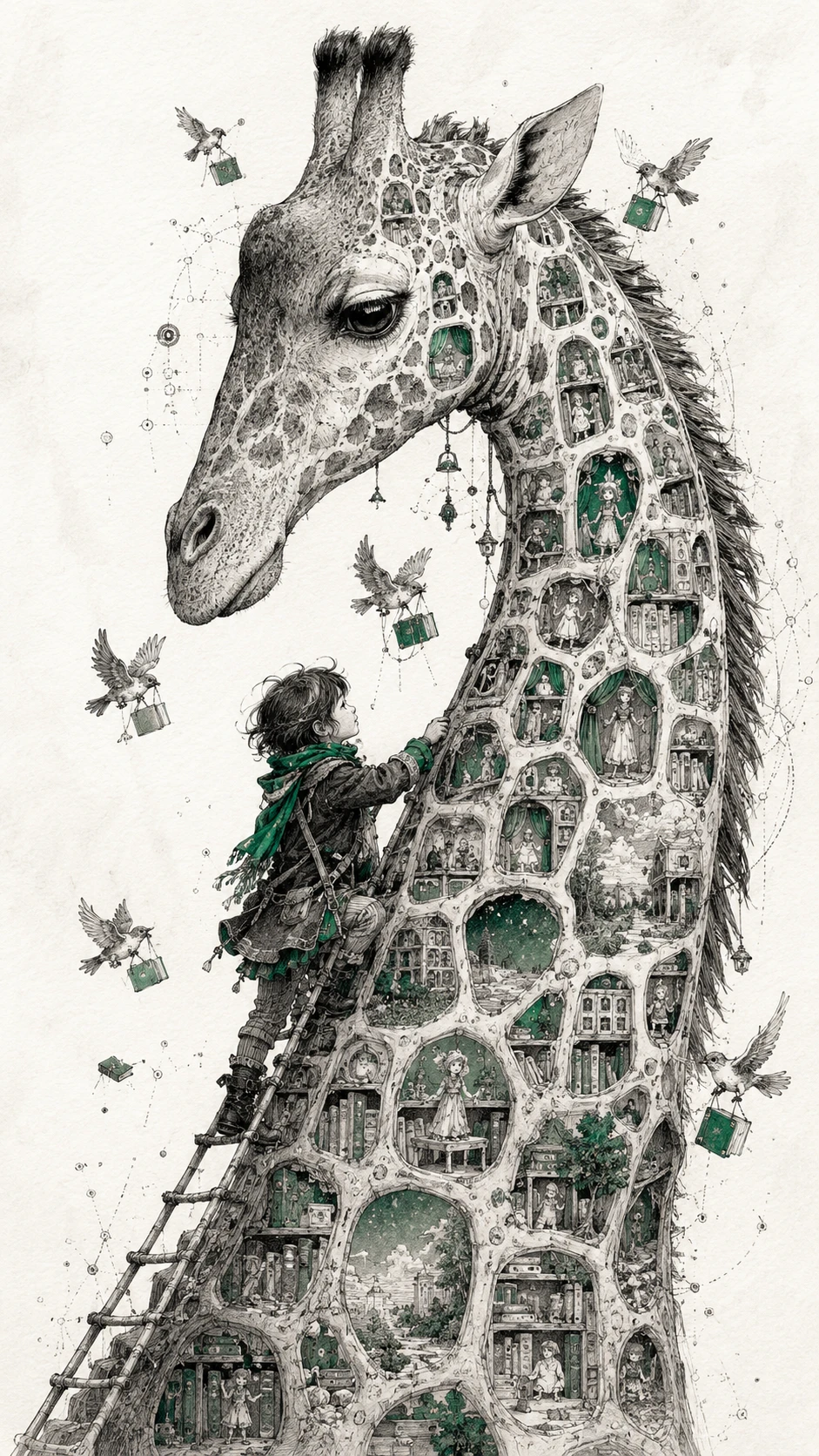Criança escalando uma girafa gentil em um mundo fantasioso de tinta