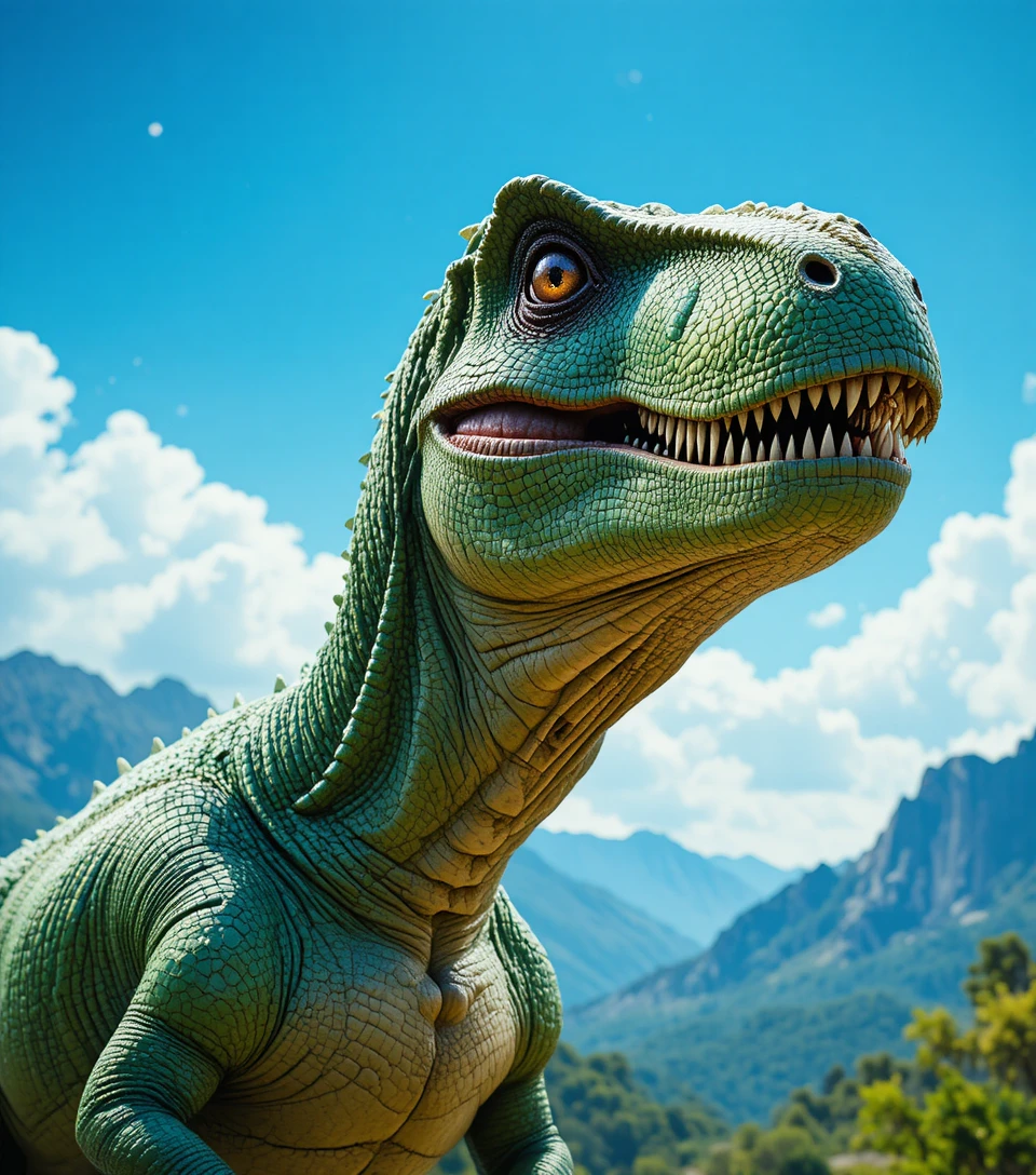 Perfil de tiranossauro rex verde contra montanhas e céu azul