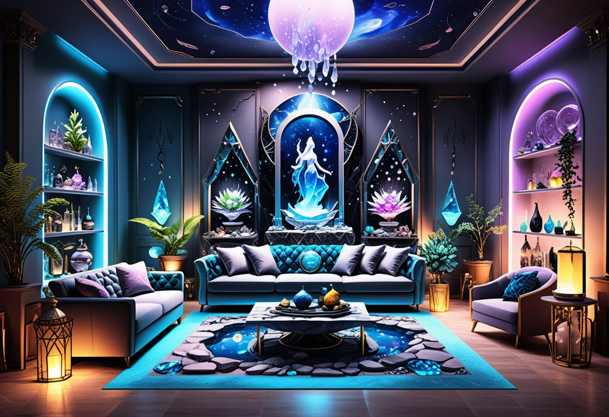 Lounge mistico con esposizioni di cristalli e decorazioni zodiacali al neon