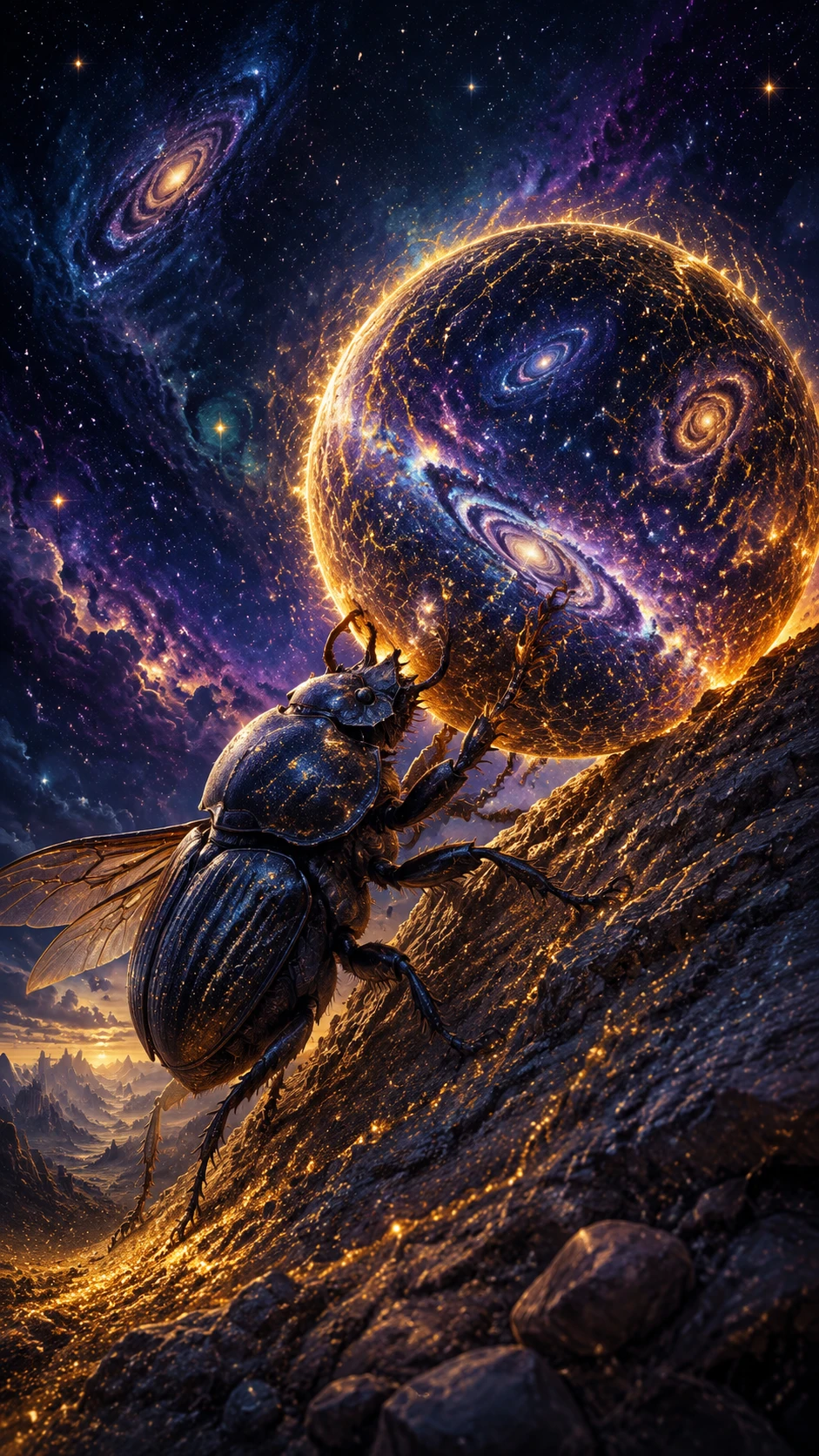 Heroischer Mistkäfer schiebt eine leuchtende kosmische Sphäre