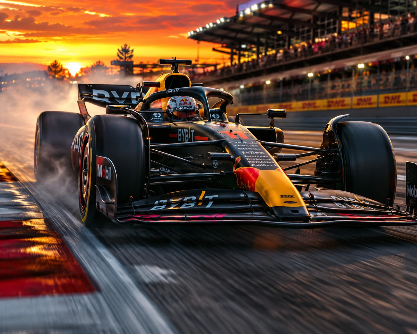 Auto di Formula 1 in gara al tramonto su pista cinematografica