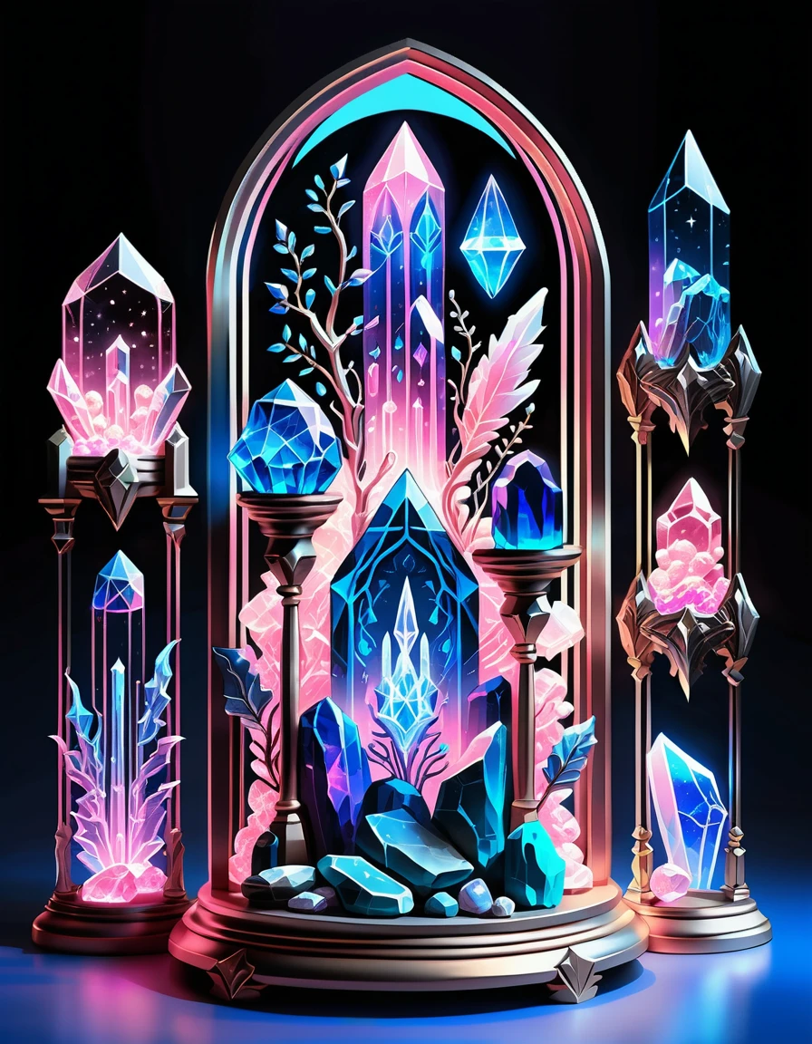 Reliquie di cristallo al neon in teca di vetro decorata in line art