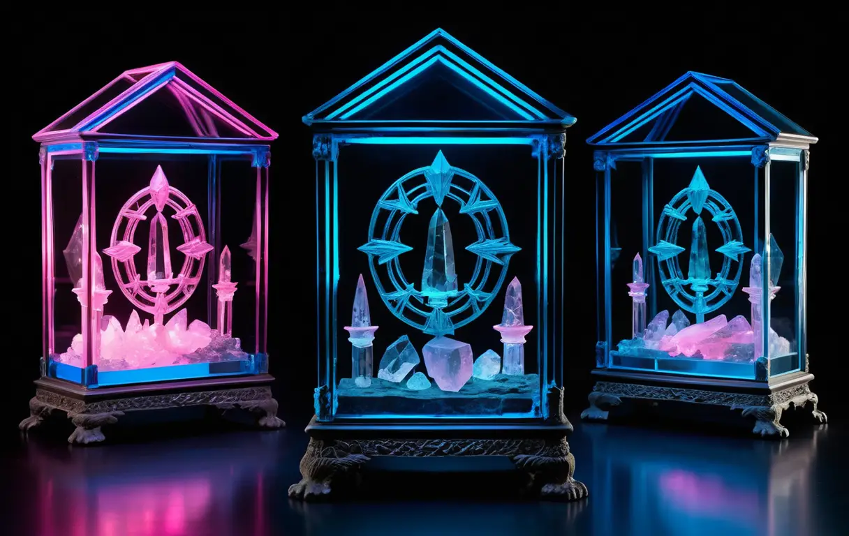 Ancient Crystal Relic In Ornate Glass Case With Neon Glow