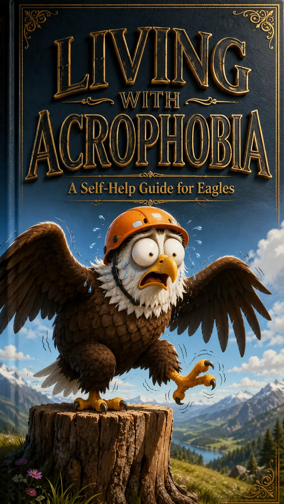 Cartoon bald eagle with acrophobia on a tree stump