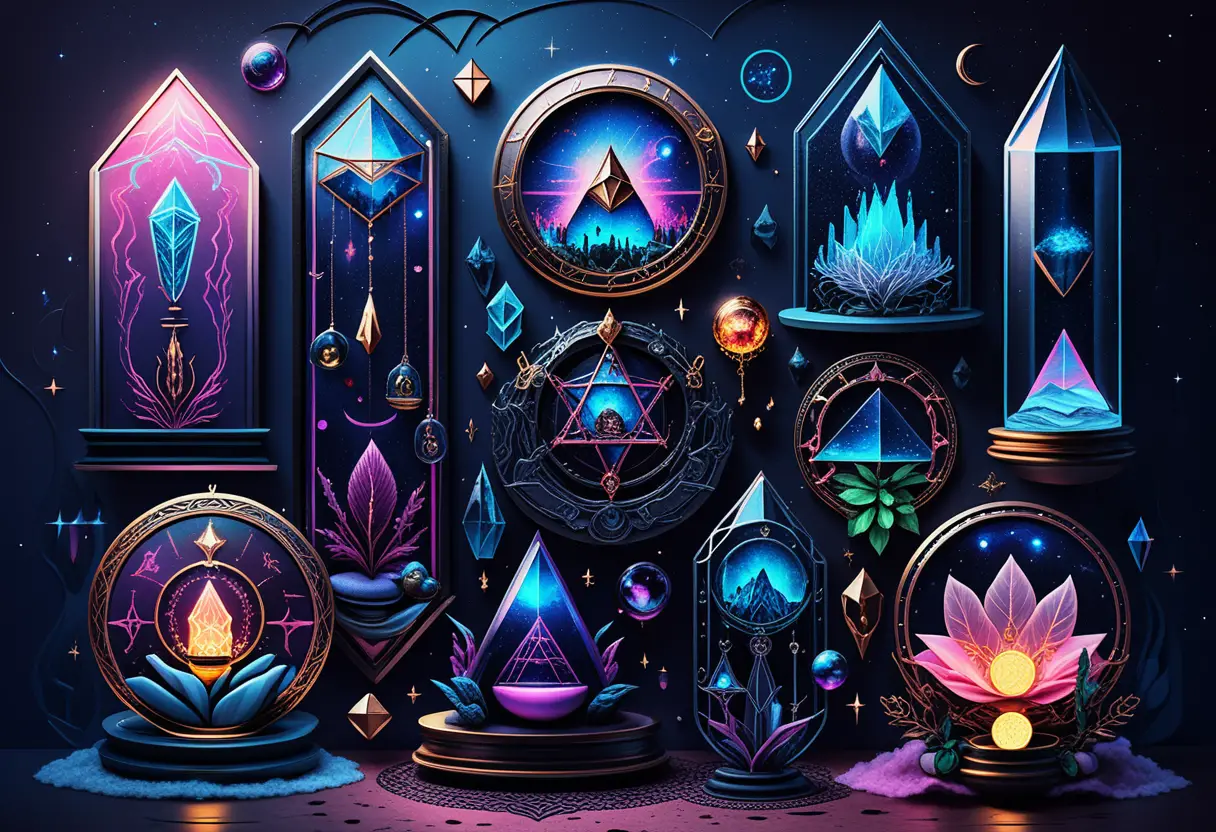 Mystical crystal relics in neon celestial display