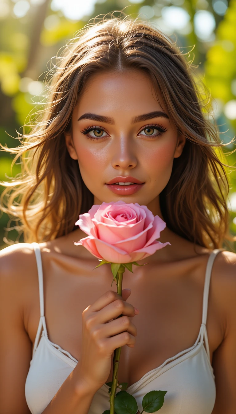 溫暖熱帶陽光下手捧粉紅玫瑰的女子
