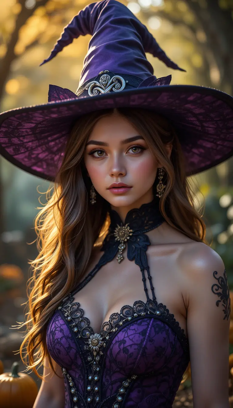 Elegant witch in purple dress at halloween party