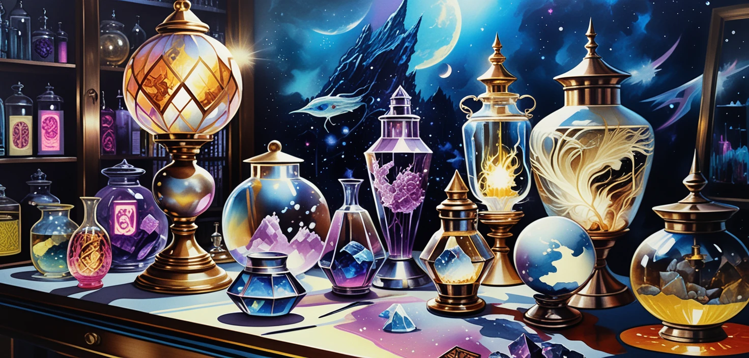 Fantasy tabletop crystals and magical apothecary curiosities