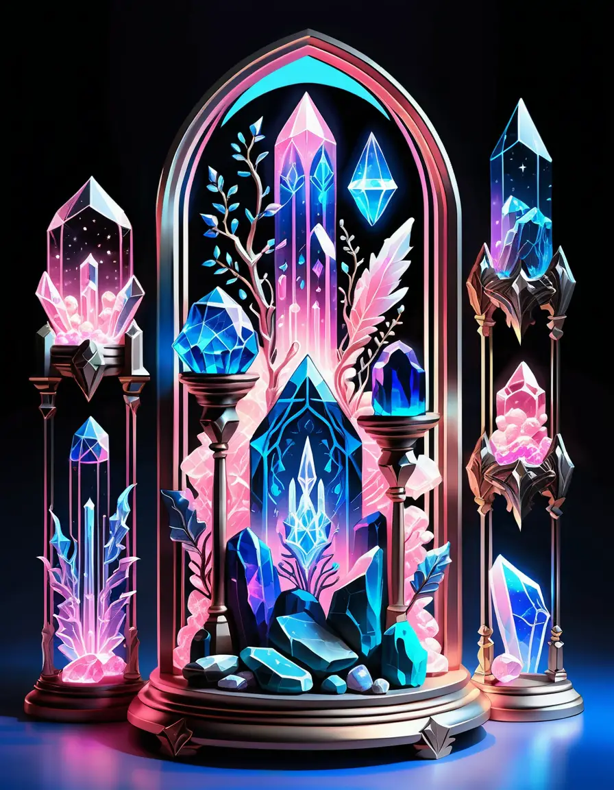 Neon crystal relics in ornate glass display line art