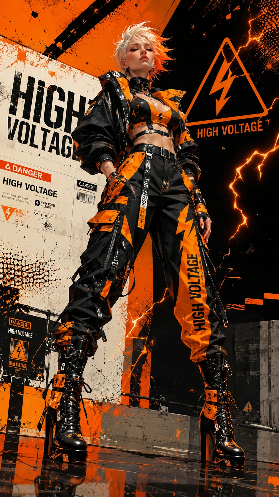 Mulher estilosa de moda high voltage em vista de corpo inteiro