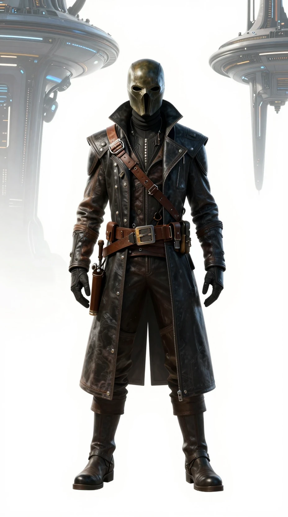 Senhor da guerra futurista mascarado em pé diante de fundo branco