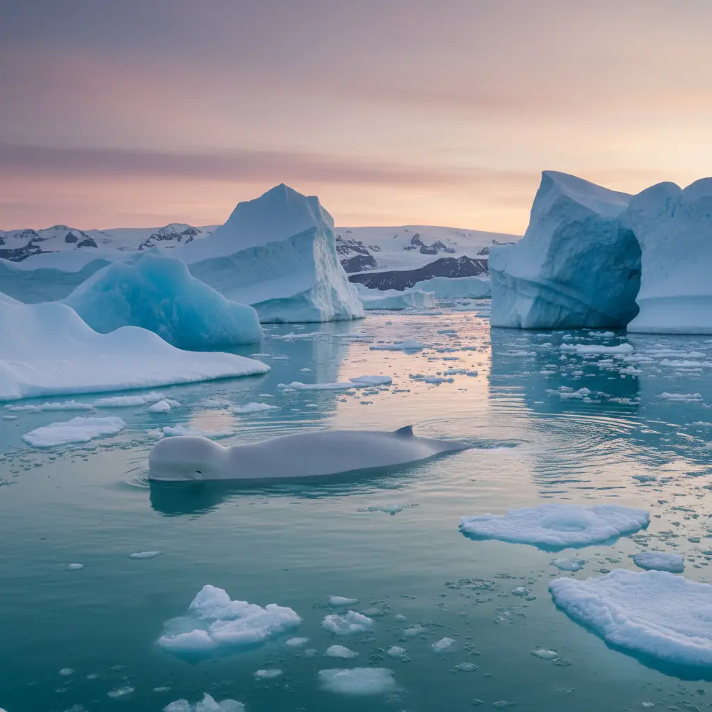 Beluga che scivola tra le gelide acque artiche al tramonto