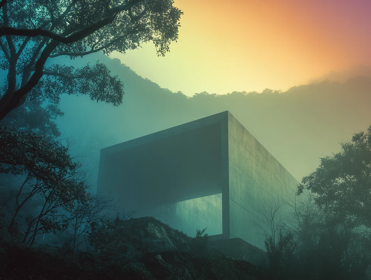 Concrete architecture rising in a foggy mountain forest