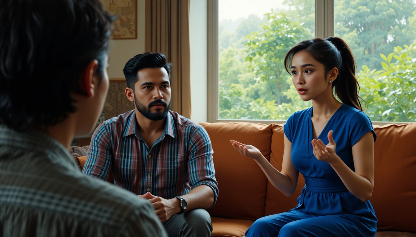Tense discussion among three people in a warm living room