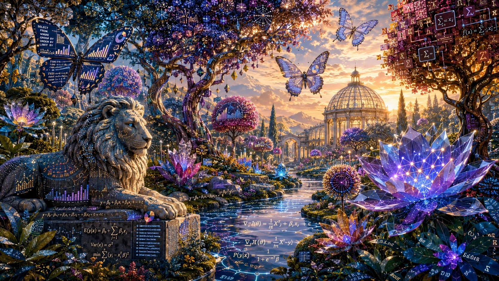 Surrealer botanischer Garten aus datengetriebenen, erblühenden Blumen