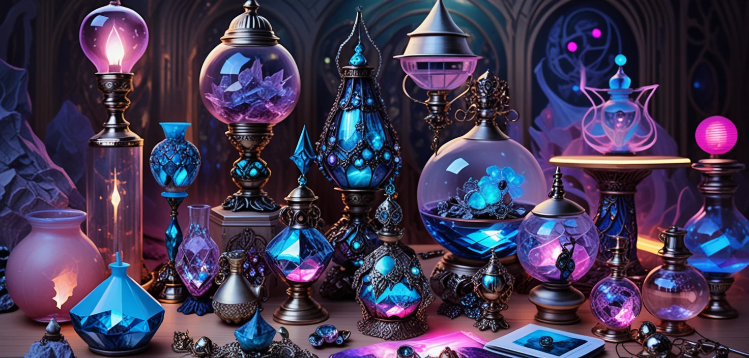 Cristalli fantasy da tavolo e oggetti di farmacia magica