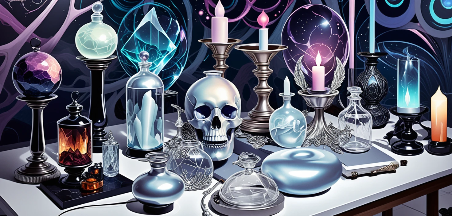 Cristalli da tavolo fantasy e curiosità arcane in una farmacia al neon