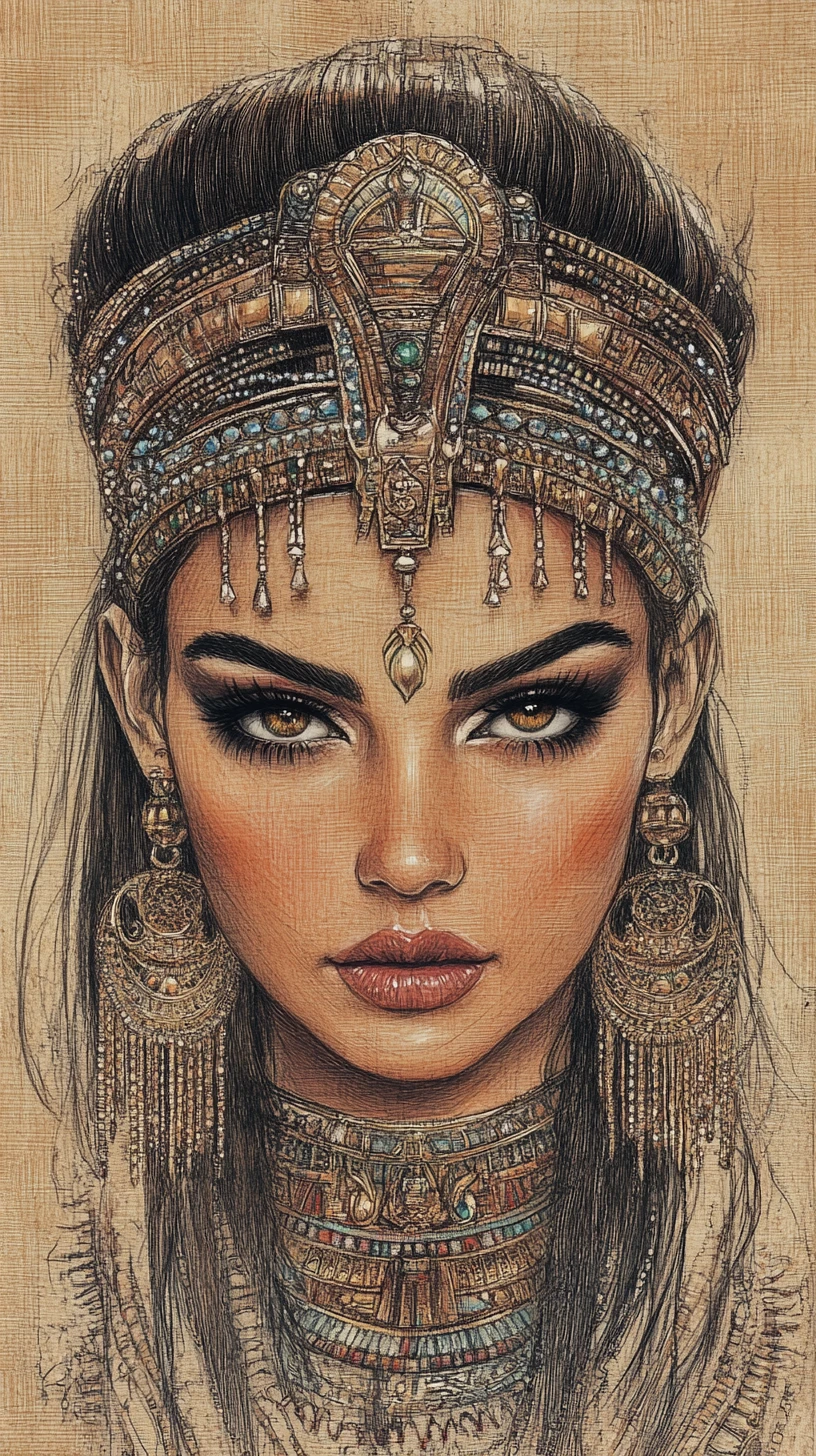 Portrait royal aux crayons de couleur d’une reine de l’Égypte antique