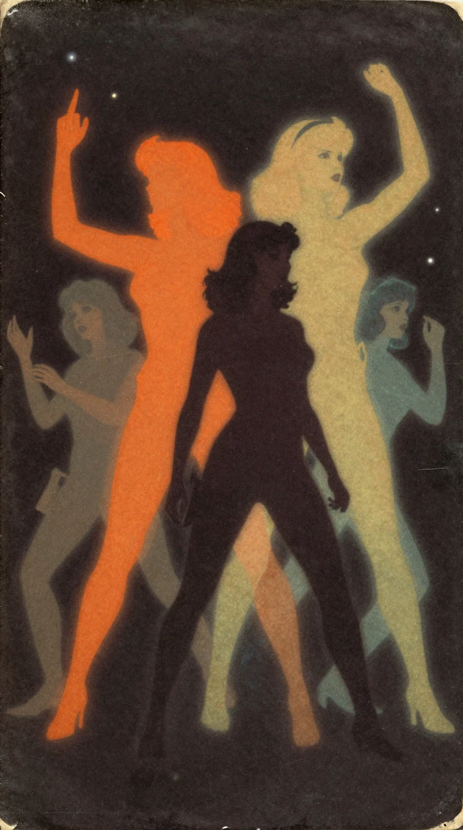 Cuatro mujeres heroicas en una portada de libro de aventura cósmica vintage