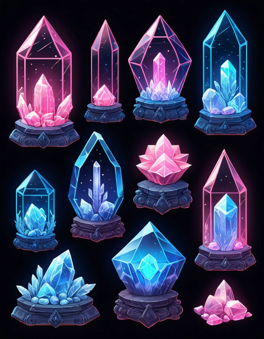 Reliquie di cristallo in line art neon rosa e blu