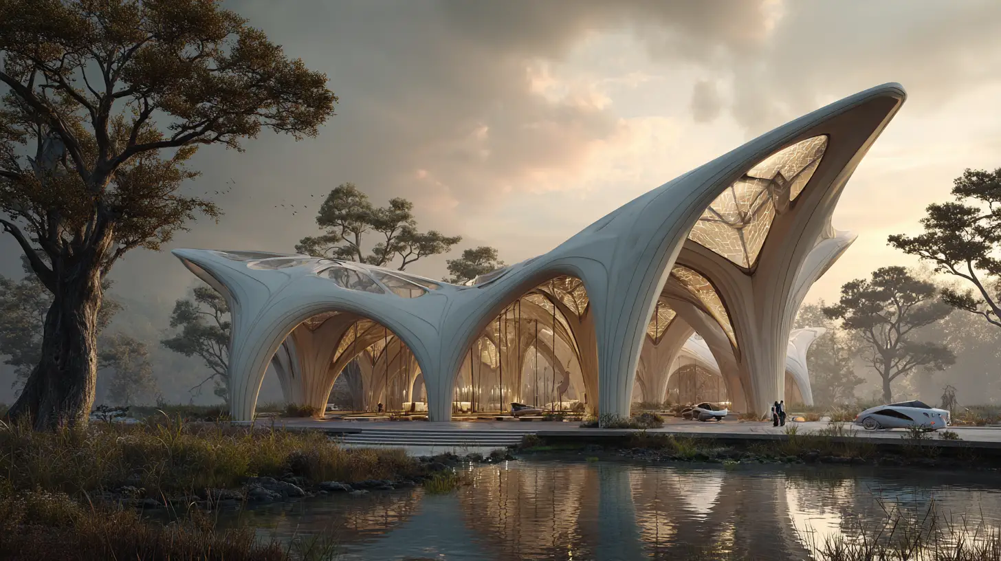 Megacidade orgânica futurista em paisagem botânica exuberante